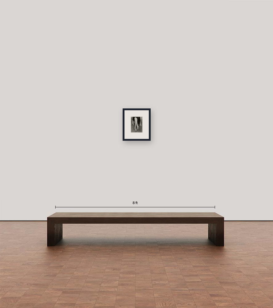 Room view — A Sign of The Times - Mended Stockings, 1934 by Dorothea Lange shown to scale on a gallery wall at 9.375 x 7.5 in. Not a reproduction of the work.