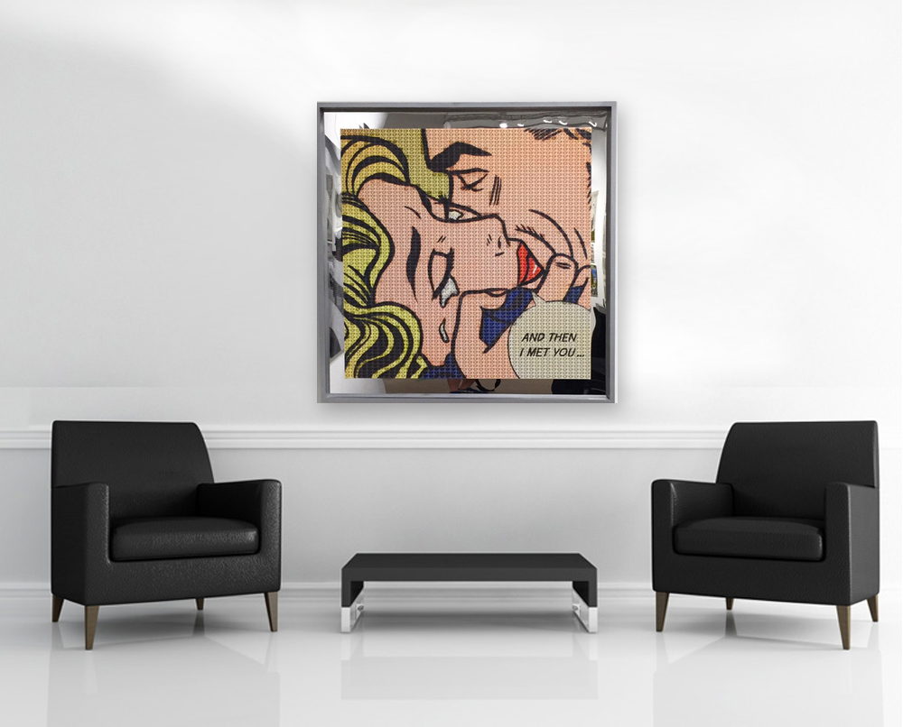 Room view — A THOUSAND KISSES DEEP, LICHTENSTEIN vs WARHOL, 2014 by Alex G Cao shown to scale on a gallery wall at 45.5 x 45.5 in. Not a reproduction of the work.