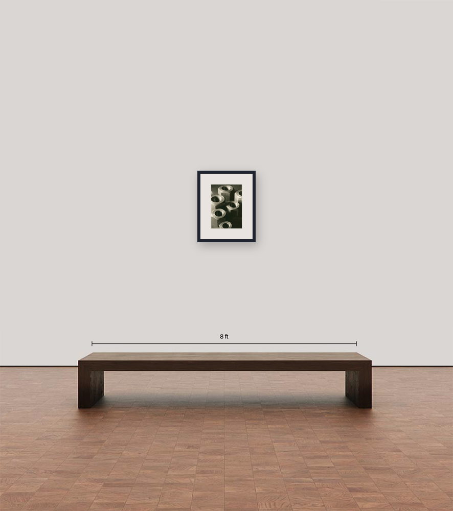 Room view — Advertisement for the Russell Birdsall & Ward, Bolt & Nut Company by Margaret Bourke-White shown to scale on a gallery wall at 16 x 13 in. Not a reproduction of the work.