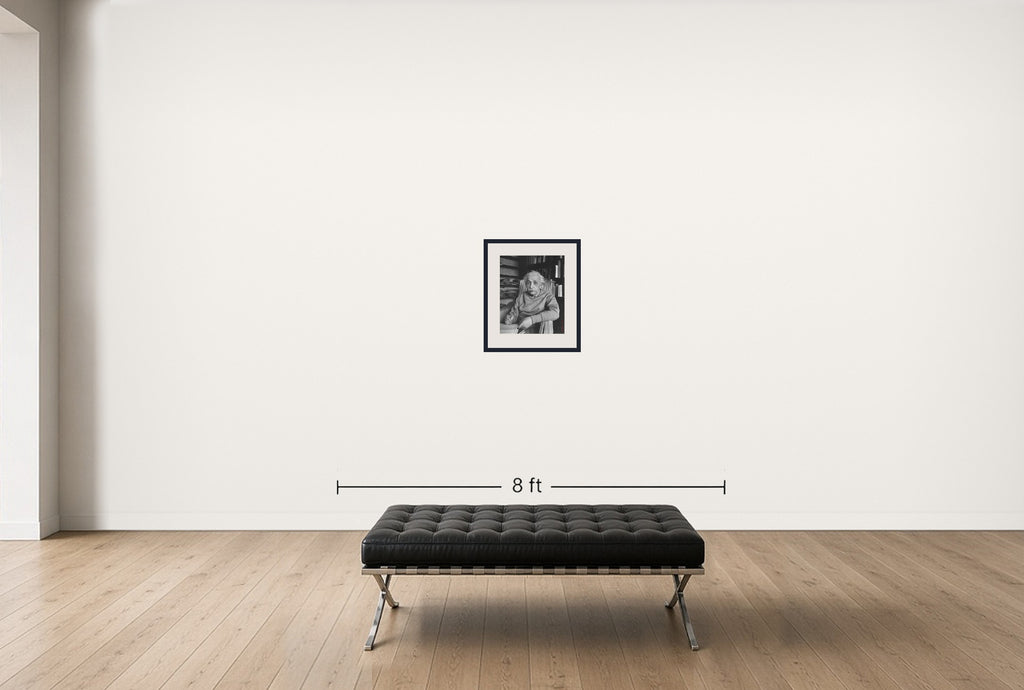 Room view — Albert Einstein by Alfred Eisenstaedt shown to scale on a gallery wall at 20 x 16 in. Not a reproduction of the work.