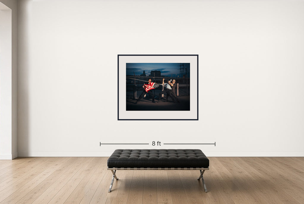 Room view — American Flag by Tyler Shields shown to scale on a gallery wall at 40 x 60 in. Not a reproduction of the work.