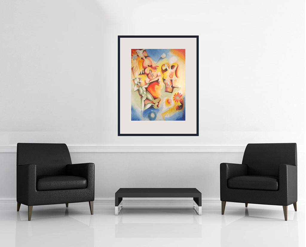 Room view — Angel Dance by Alexandra Nechita shown to scale on a gallery wall at 36 x 24 in. Not a reproduction of the work.