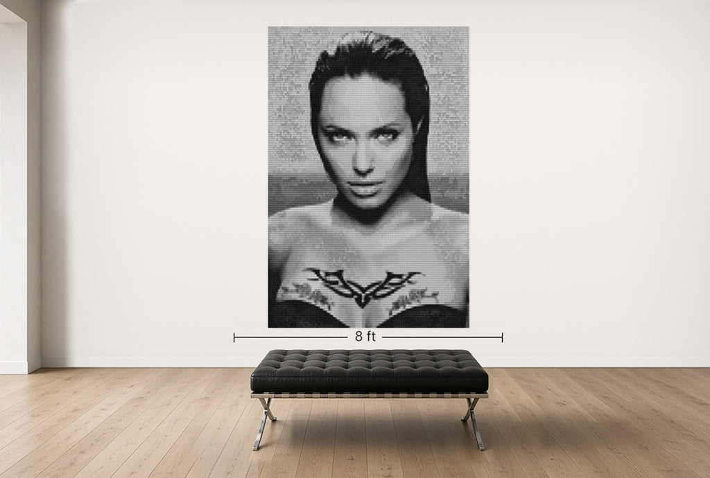 Room view — Angelina vs. Brad by Alex G Cao shown to scale on a gallery wall at 108 x 72 in. Not a reproduction of the work.