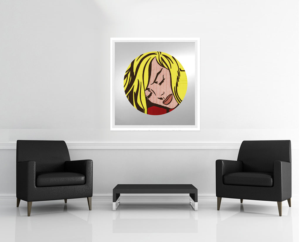 Room view — Are You Lonesome Tonight (Lichtenstein vs Warhol) 2020 by Alex G Cao shown to scale on a gallery wall at 42 x 42 in. Not a reproduction of the work.