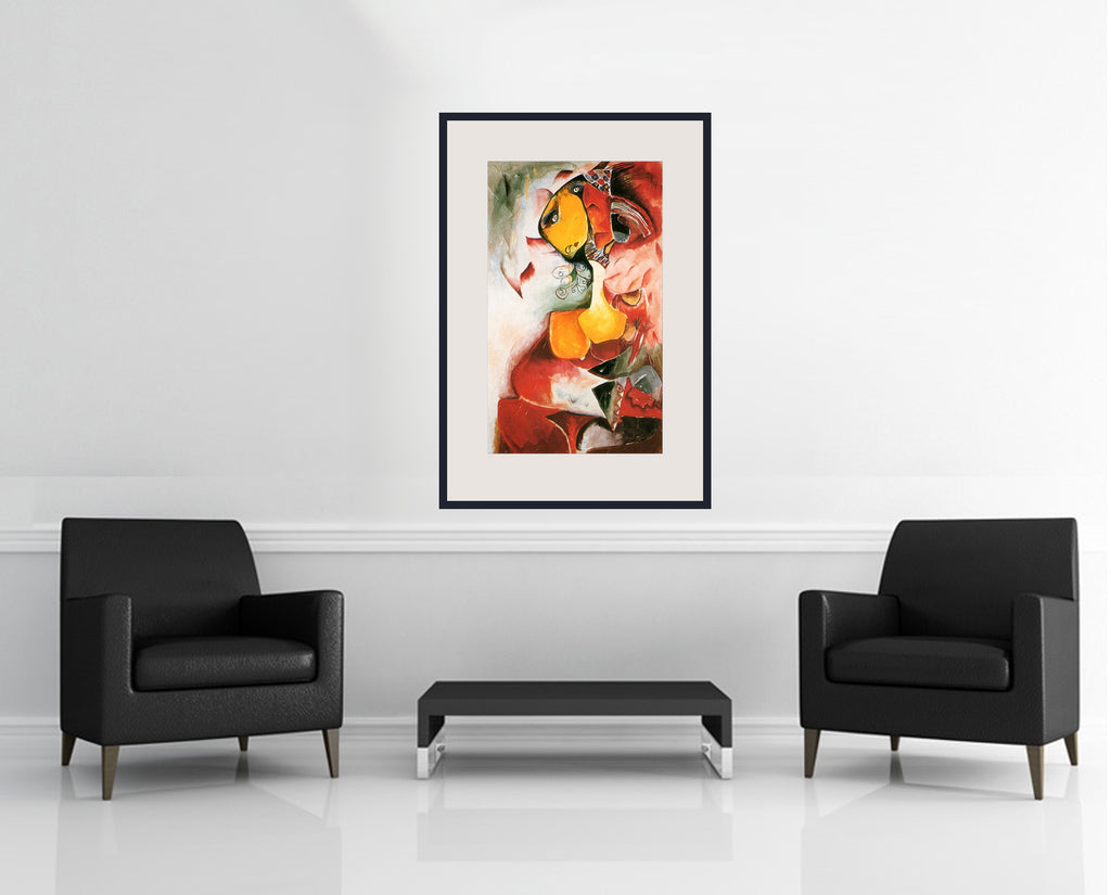 Room view — Artist Universe by Alexandra Nechita shown to scale on a gallery wall at 35.75 x 24 in. Not a reproduction of the work.