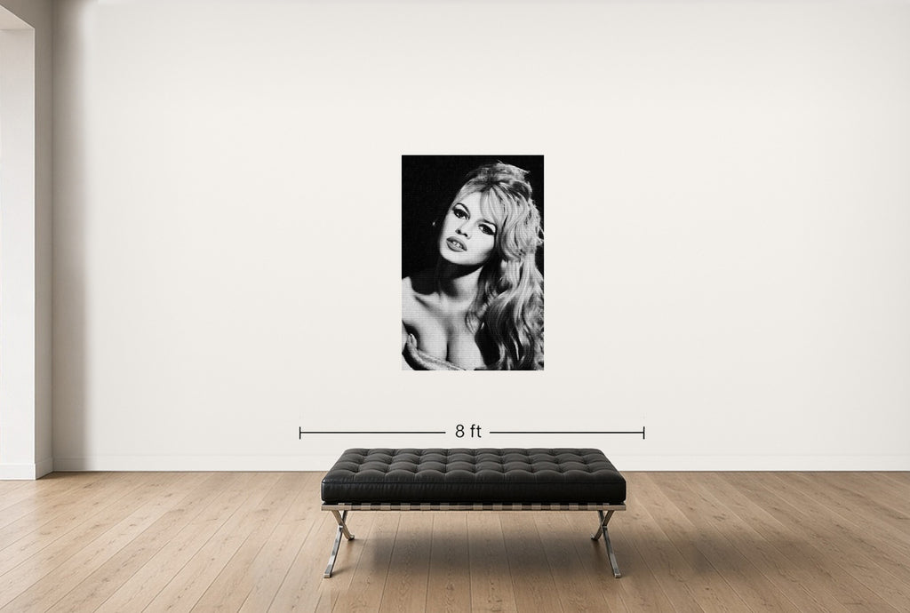 Room view — Bardot vs Birkin, 2014 by Alex G Cao shown to scale on a gallery wall at 60 x 40 in. Not a reproduction of the work.