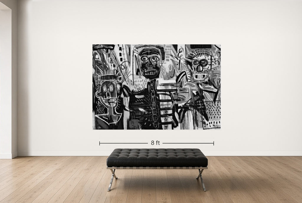 Room view — BASQUIAT PHILISTINES vs BASQUIAT, 2013 by Alex G Cao shown to scale on a gallery wall at 72 x 108 in. Not a reproduction of the work.