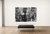 Room view — BASQUIAT PHILISTINES vs BASQUIAT, 2013 by Alex G Cao shown to scale on a gallery wall at 72 x 108 in. Not a reproduction of the work.
