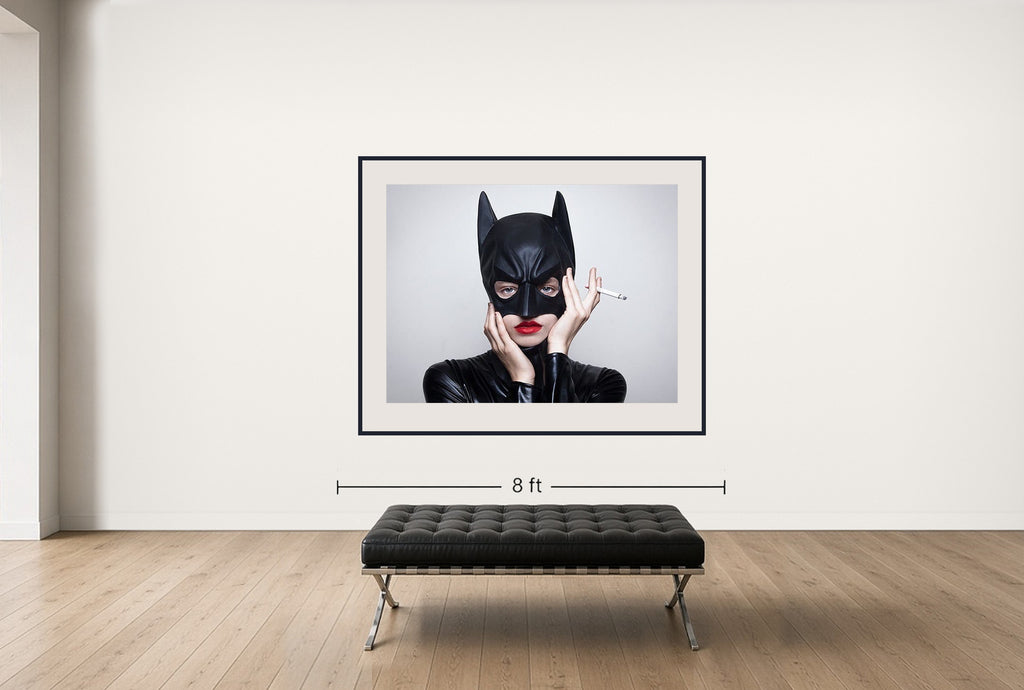 Room view — Bat Woman, 2015 by Tyler Shields shown to scale on a gallery wall at 54 x 72 in. Not a reproduction of the work.