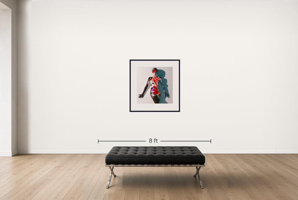Room view — Beauty Study 1242 - Rebecca by Howard Schatz shown to scale on a gallery wall at 31.25 x 32 in. Not a reproduction of the work.