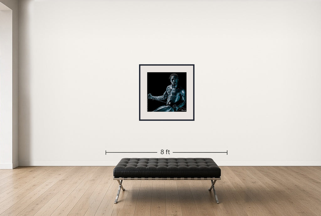 Room view — Blessuan Austin, NY Jets 2020 by Howard Schatz shown to scale on a gallery wall at 31.25 x 31.25 in. Not a reproduction of the work.