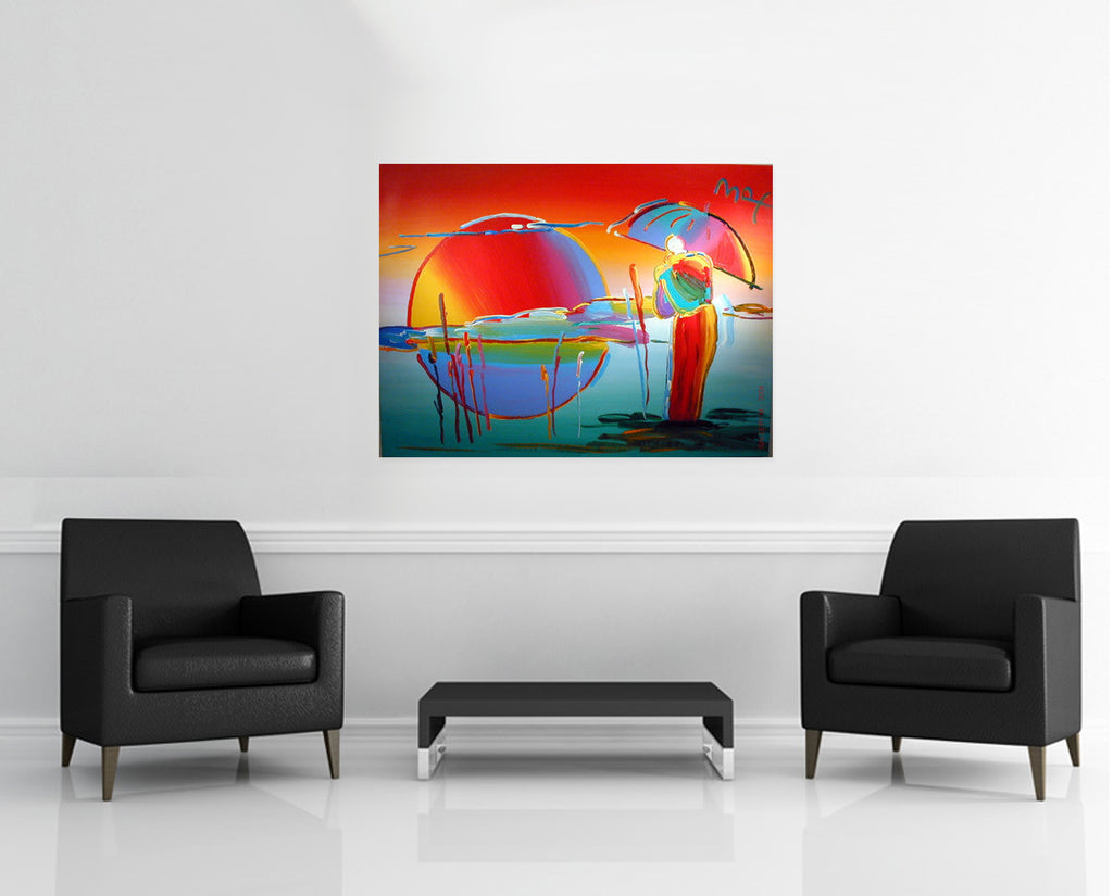 Room view — Buddha Moon - Monk Sunrise by Peter Max shown to scale on a gallery wall at 36 x 48 in. Not a reproduction of the work.