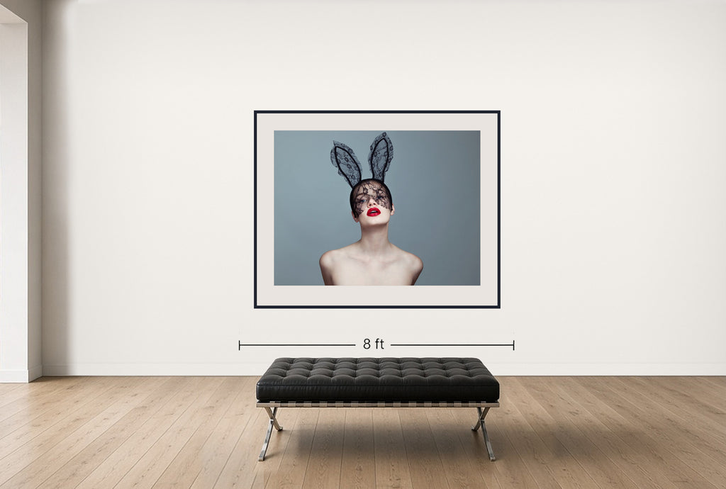 Room view — Bunny II by Tyler Shields shown to scale on a gallery wall at 56 x 72 in. Not a reproduction of the work.