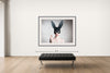 Room view — Bunny by Tyler Shields shown to scale on a gallery wall at 56 x 72 in. Not a reproduction of the work.