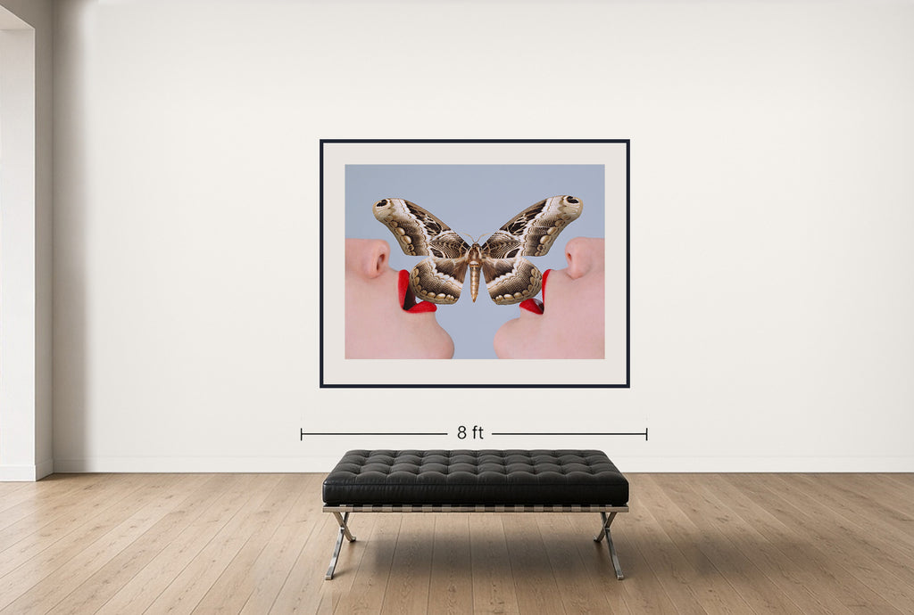 Room view — Butterfly by Tyler Shields shown to scale on a gallery wall at 56 x 72 in. Not a reproduction of the work.