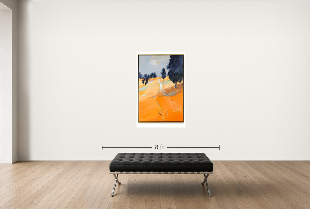 Room view — Cami Perdut by Regina Saura shown to scale on a gallery wall at 62 x 42 in. Not a reproduction of the work.