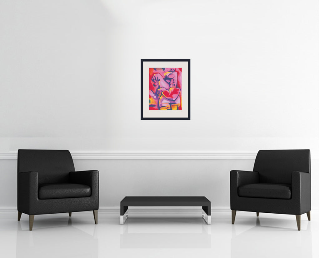 Room view — Caravanning The Sun by Alexandra Nechita shown to scale on a gallery wall at 18 x 14 in. Not a reproduction of the work.