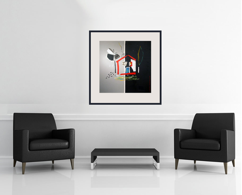 Room view — Casita by Regina Saura shown to scale on a gallery wall at 29.25 x 29 in. Not a reproduction of the work.