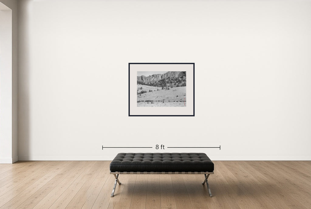Room view — Cattle Drive #27 by Allen Birnbach shown to scale on a gallery wall at 30 x 40 in. Not a reproduction of the work.