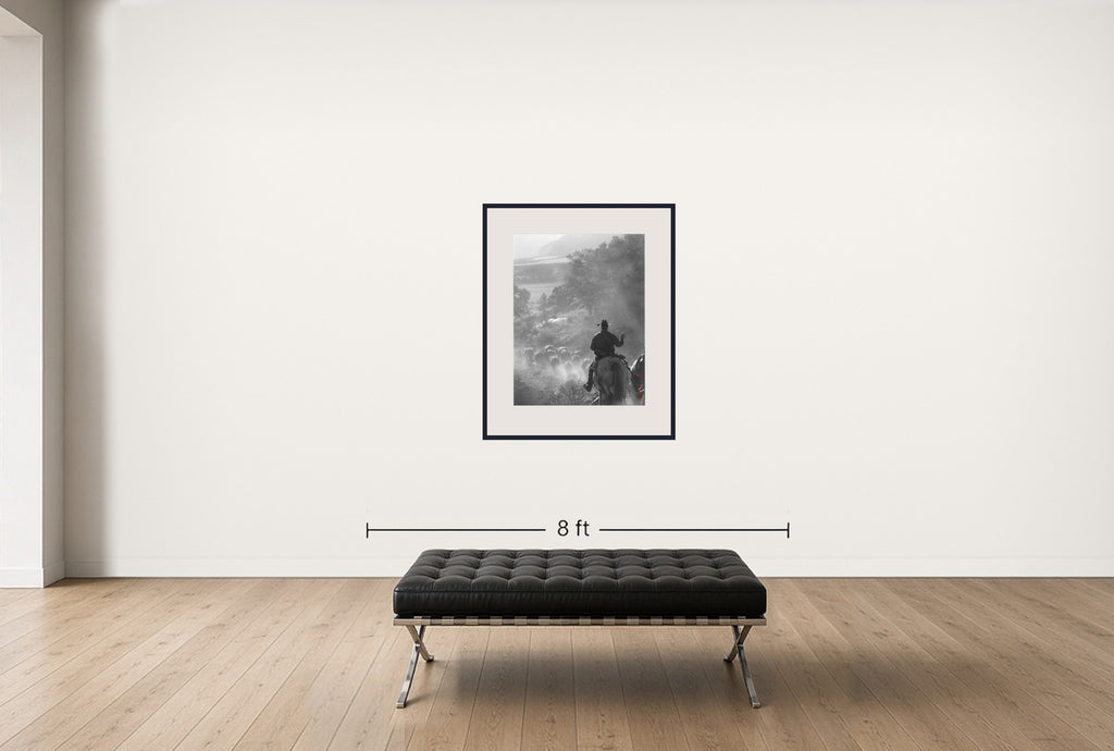 Room view — Cattle Drive #32 by Allen Birnbach shown to scale on a gallery wall at 40 x 30 in. Not a reproduction of the work.