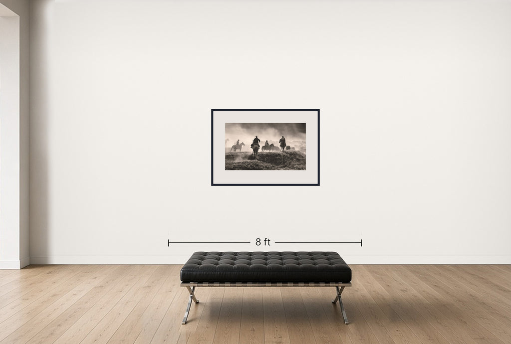 Room view — Cattle Drive 8 by Allen Birnbach shown to scale on a gallery wall at 30 x 40 in. Not a reproduction of the work.