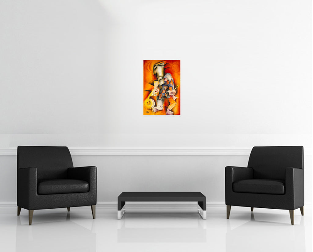 Room view — Caught between Love and Hate by Alexandra Nechita shown to scale on a gallery wall at 24 x 16 in. Not a reproduction of the work.