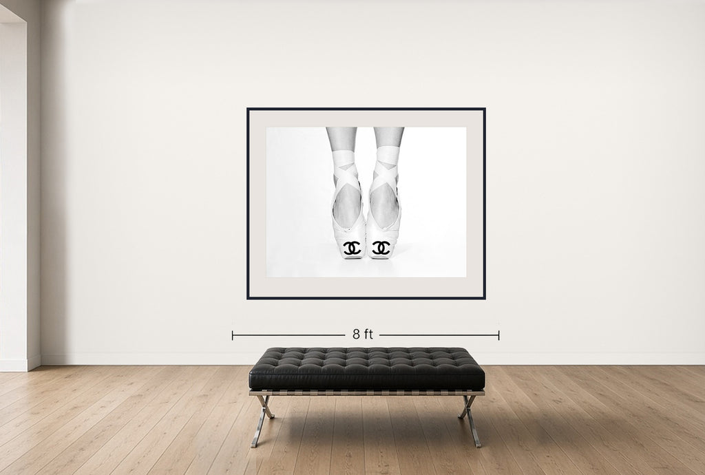 Room view — Chanel Ballet Shoes by Tyler Shields shown to scale on a gallery wall at 54 x 72 in. Not a reproduction of the work.
