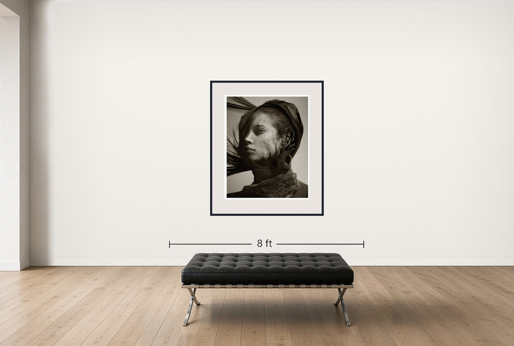 Room view — Christy Turlington in Scarf by Albert Watson shown to scale on a gallery wall at 56 x 42 in. Not a reproduction of the work.