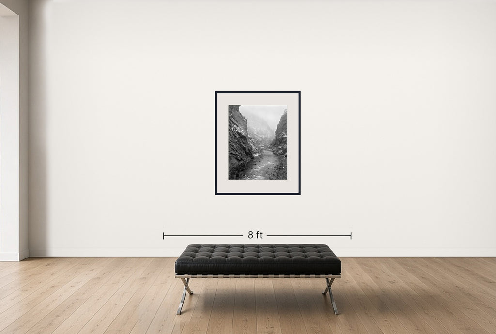 Room view — Clear Creek Study #2 by Allen Birnbach shown to scale on a gallery wall at 40 x 30 in. Not a reproduction of the work.
