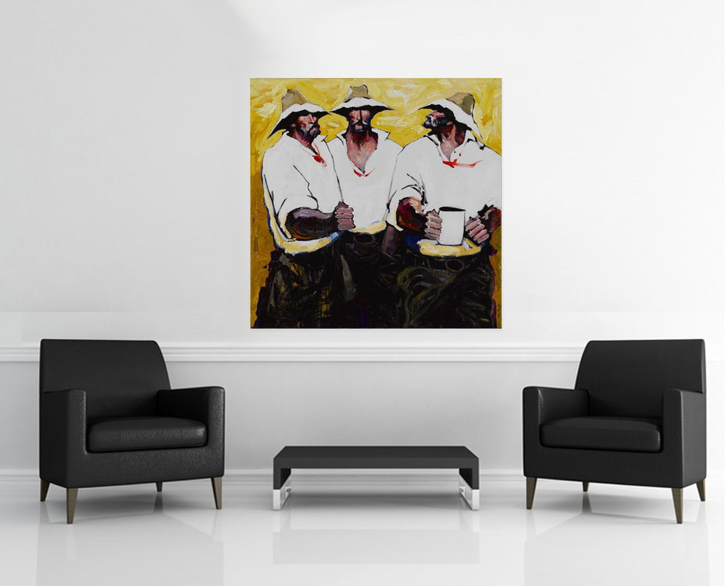 Room view — Coin Toss by Palla Jeroff shown to scale on a gallery wall at 47 x 47 in. Not a reproduction of the work.