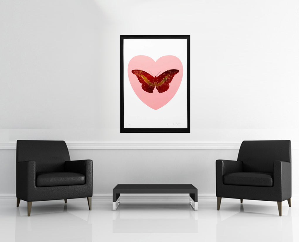Room view — I Love You Butterfly, Pink/Red, 2015 by Damien Hirst shown to scale on a gallery wall at 44.5 x 32.75 in. Not a reproduction of the work.