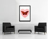 Room view — I Love You Butterfly, Pink/Red, 2015 by Damien Hirst shown to scale on a gallery wall at 44.5 x 32.75 in. Not a reproduction of the work.
