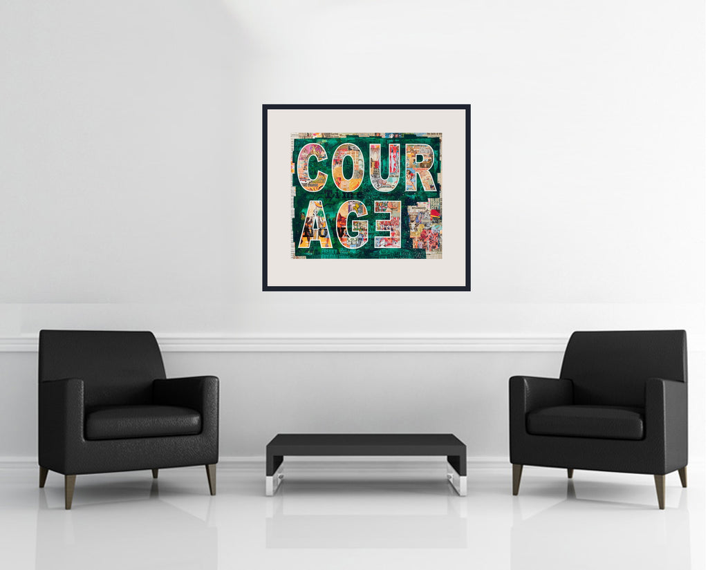 Room view — COURAGE (Green) - Limited | Framed by Peter Tunney shown to scale on a gallery wall at 25 x 29 in. Not a reproduction of the work.