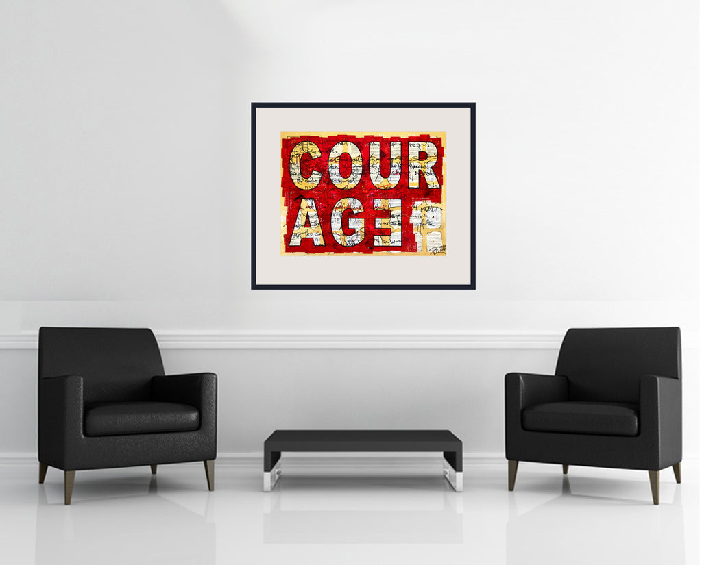 Room view — COURAGE - Limited | Framed by Peter Tunney shown to scale on a gallery wall at 25 x 32 in. Not a reproduction of the work.