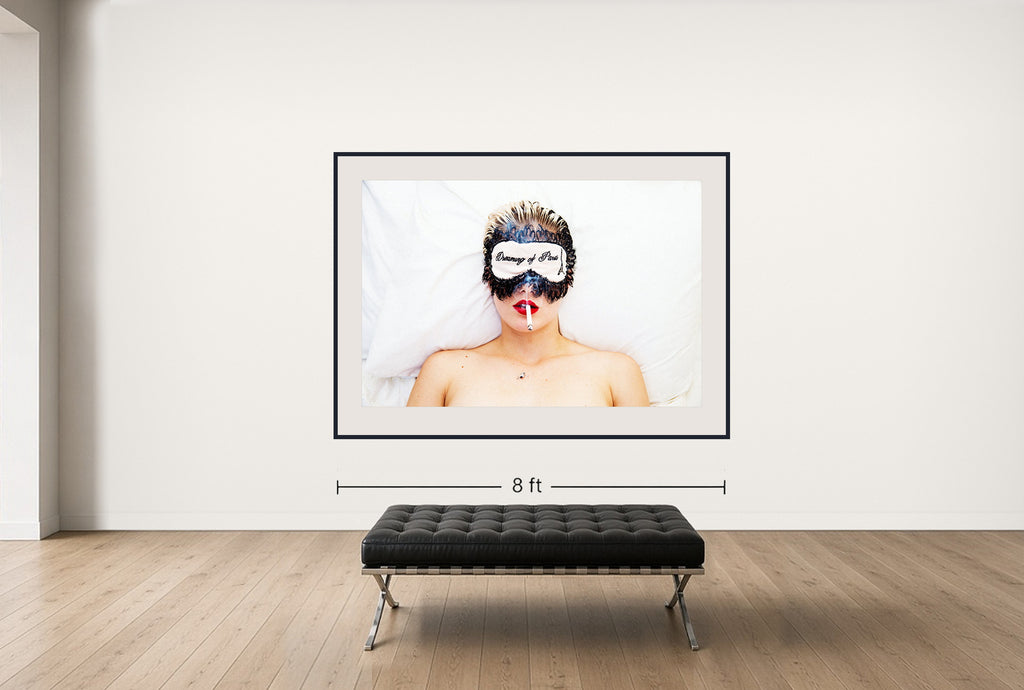Room view — Dreaming of Paris by Tyler Shields shown to scale on a gallery wall at 66 x 84 in. Not a reproduction of the work.