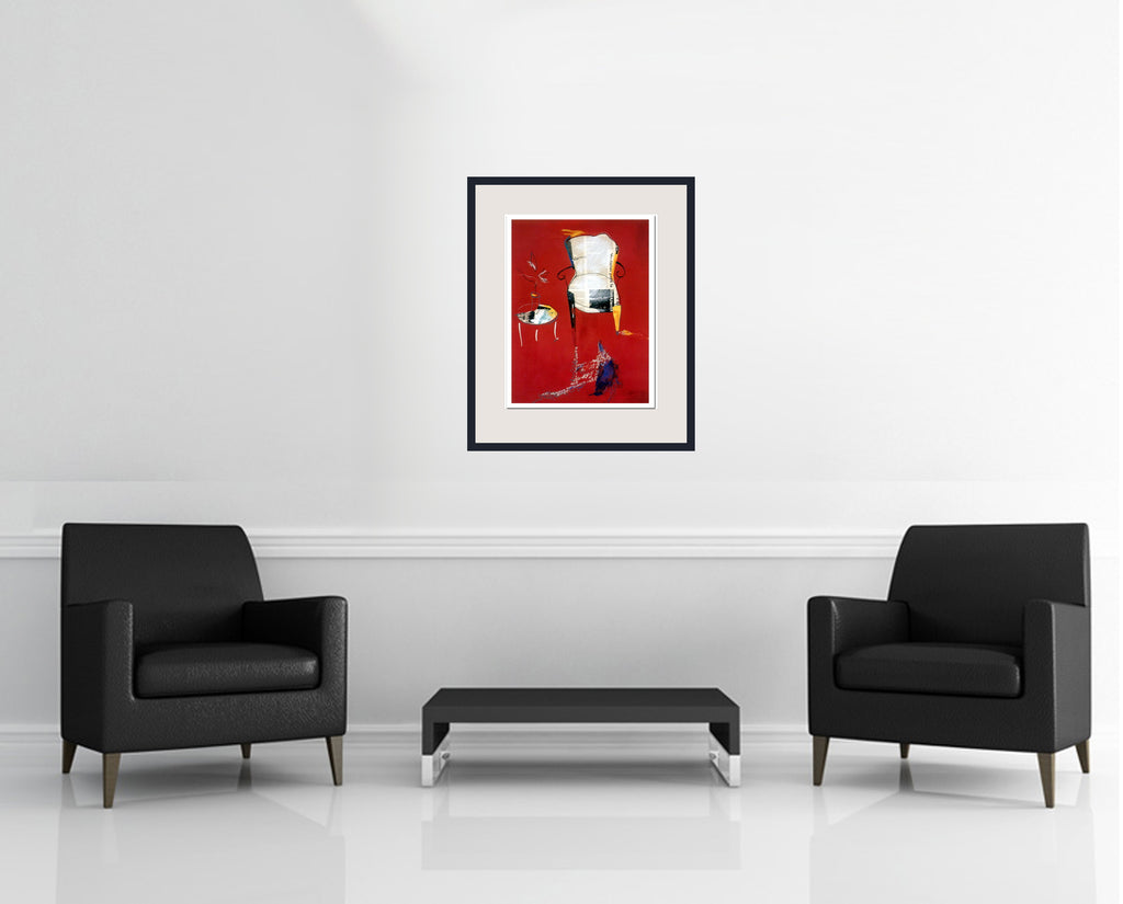 Room view — Duet by Regina Saura shown to scale on a gallery wall at 24 x 18.5 in. Not a reproduction of the work.