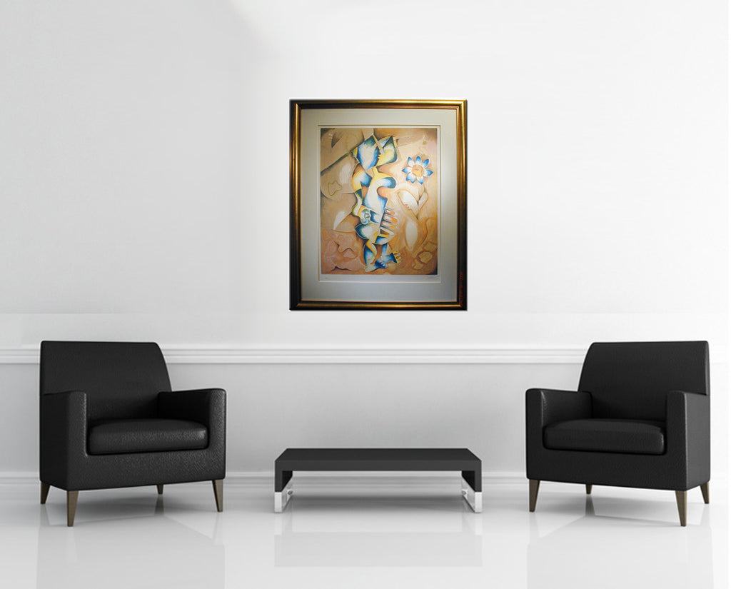 Room view — Earthly Flower by Alexandra Nechita shown to scale on a gallery wall at 39.7535 x 33.2917 in. Not a reproduction of the work.