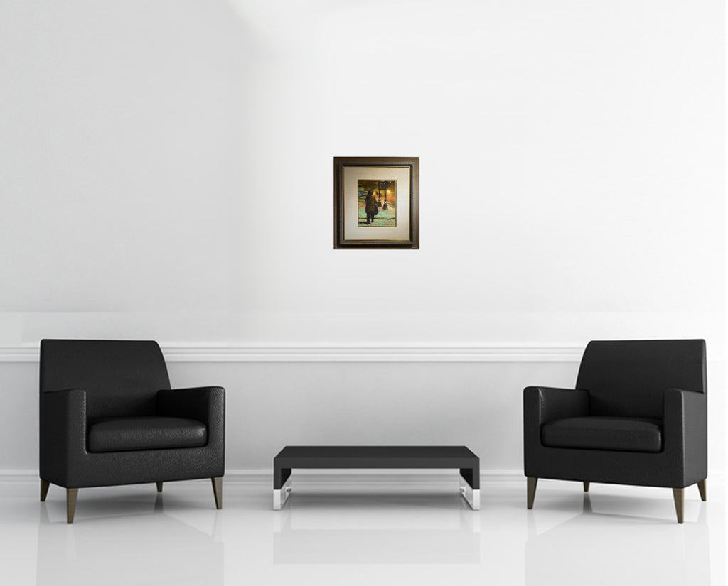 Room view — Eight PM Bus by Doug Dawson shown to scale on a gallery wall at 20 x 16 in. Not a reproduction of the work.