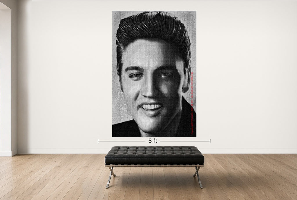 Room view — Elvis vs. Lennon by Alex G Cao shown to scale on a gallery wall at 108 x 72 in. Not a reproduction of the work.