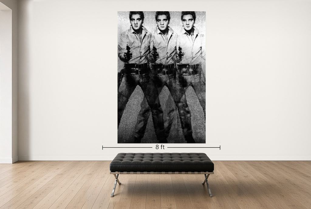 Room view — Elvis vs Warhol, 2012 by Alex G Cao shown to scale on a gallery wall at 108 x 72 in. Not a reproduction of the work.