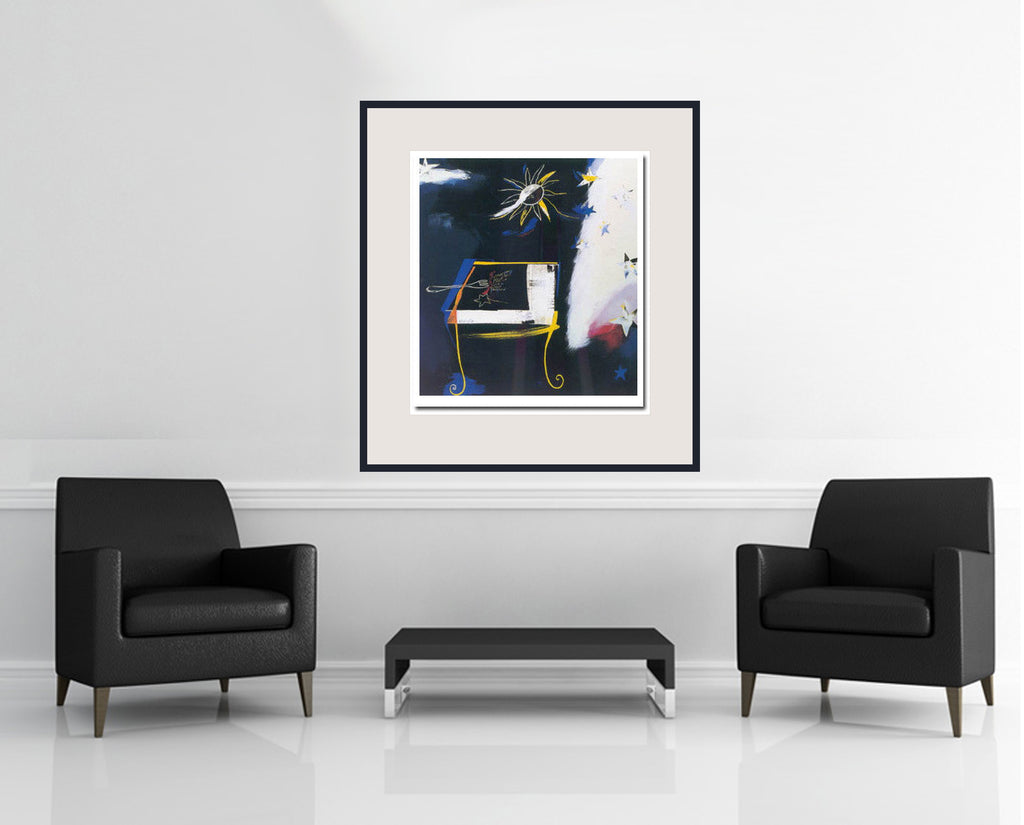 Room view — Estrellas by Regina Saura shown to scale on a gallery wall at 35 x 33 in. Not a reproduction of the work.