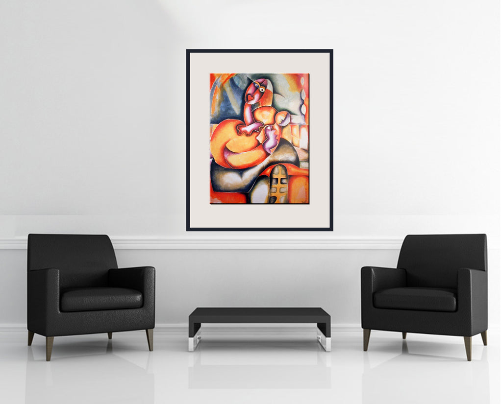 Room view — Eternal Embrace by Alexandra Nechita shown to scale on a gallery wall at 35.75 x 28.5 in. Not a reproduction of the work.