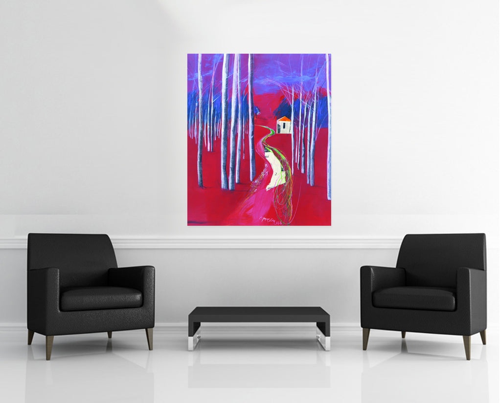 Room view — Febrer by Regina Saura shown to scale on a gallery wall at 47 x 39 in. Not a reproduction of the work.
