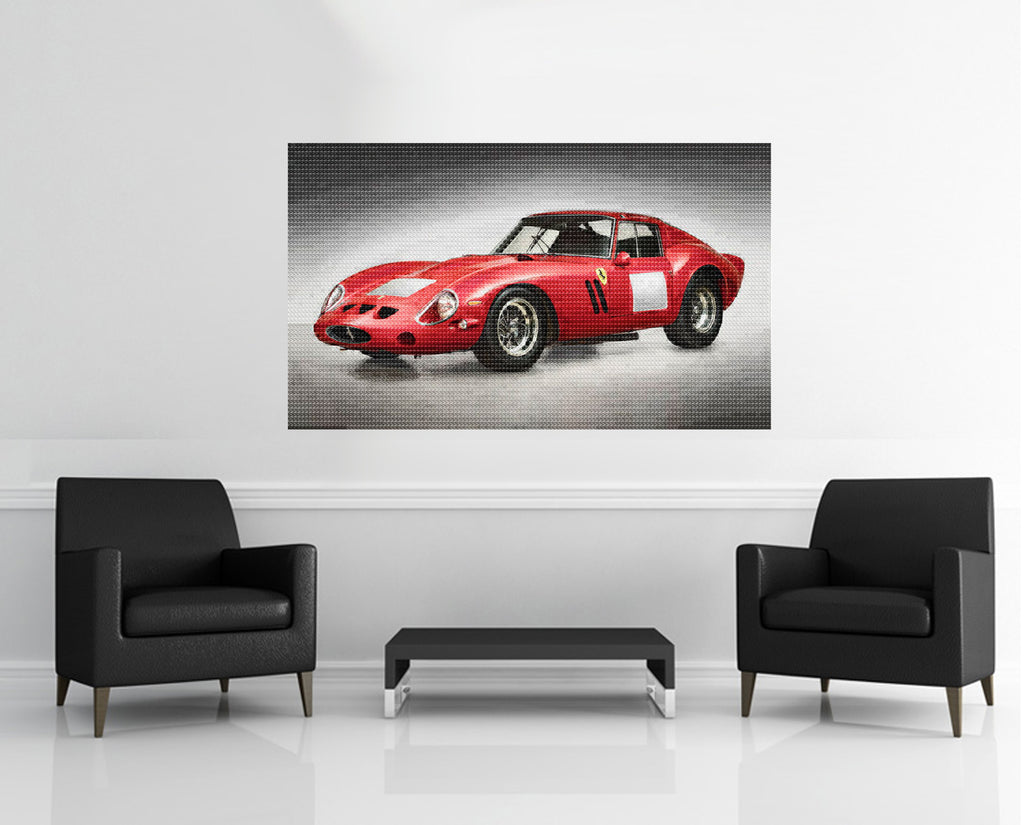 Room view — Ferrari vs Enzo Ferrari, 2015 by Alex G Cao shown to scale on a gallery wall at 38 x 65 in. Not a reproduction of the work.