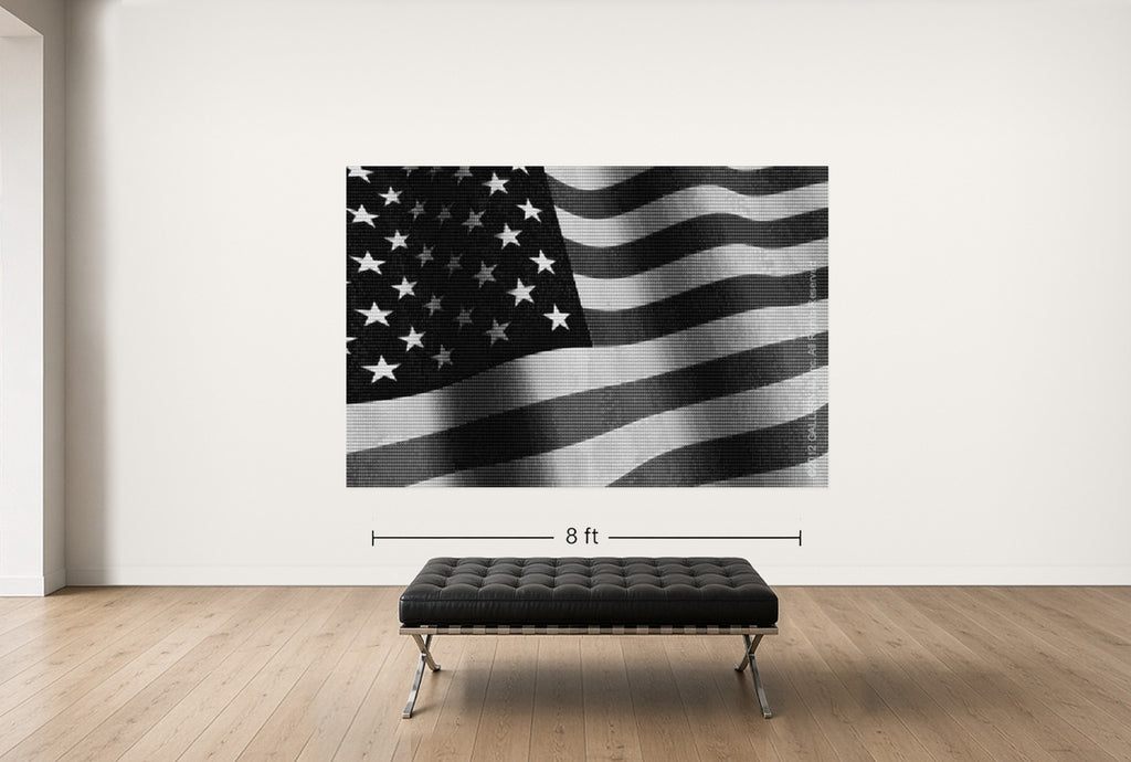 Room view — Flag vs. JFK by Alex G Cao shown to scale on a gallery wall at 72 x 108 in. Not a reproduction of the work.