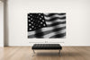 Room view — Flag vs. JFK by Alex G Cao shown to scale on a gallery wall at 72 x 108 in. Not a reproduction of the work.