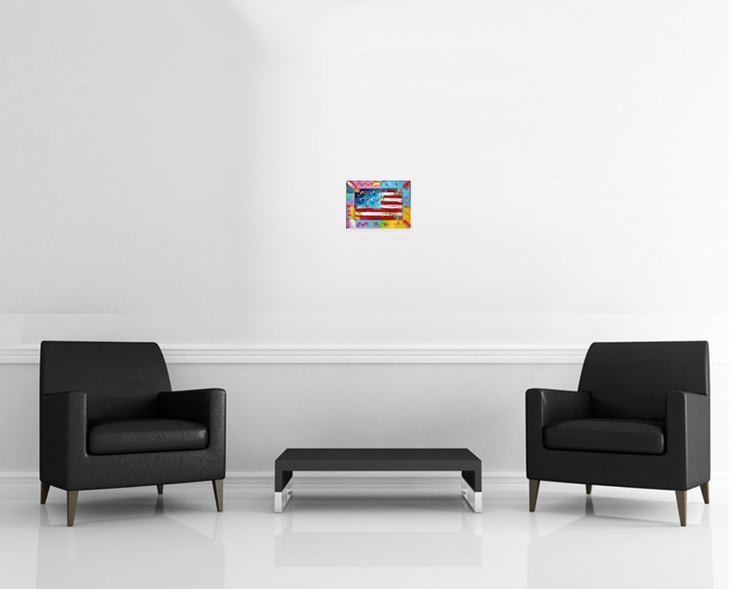 Room view — Flag with Heart by Peter Max shown to scale on a gallery wall at 9 x 12 in. Not a reproduction of the work.