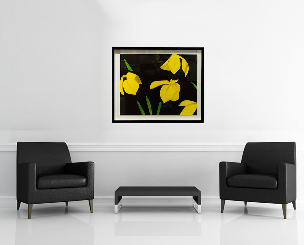 Room view — Yellow Flags on Brown 2023 by Alex Katz shown to scale on a gallery wall at 35.75 x 41 in. Not a reproduction of the work.