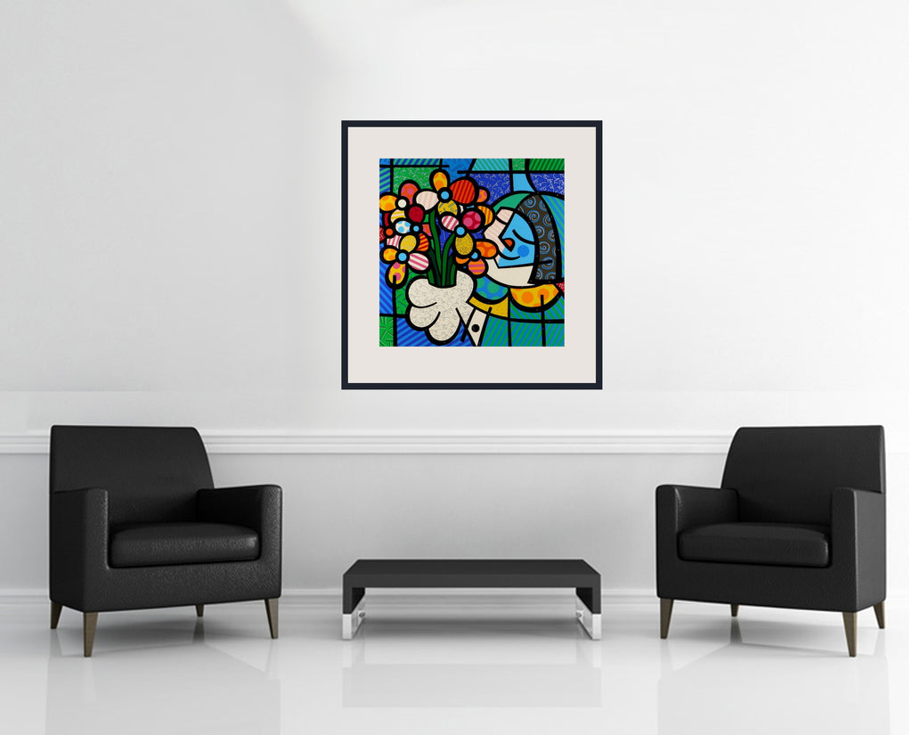 Room view — Flowers for You 1994 by Romero Britto shown to scale on a gallery wall at 28 x 28 in. Not a reproduction of the work.
