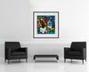 Room view — Flowers for You 1994 by Romero Britto shown to scale on a gallery wall at 28 x 28 in. Not a reproduction of the work.
